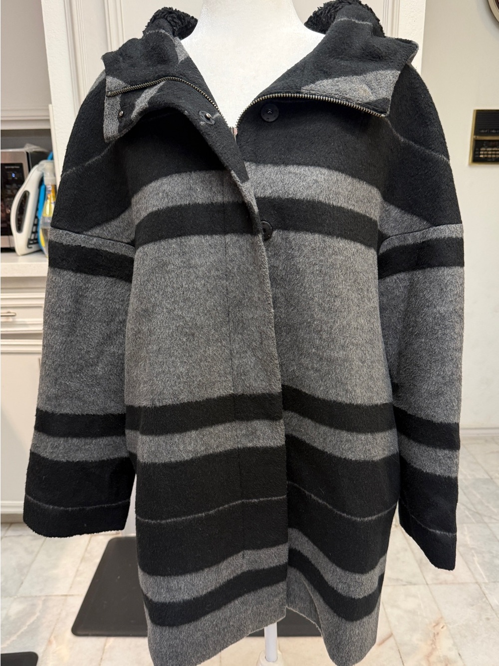 Ann Taylor LOFT Gray Black Striped Wool Blend Hooded Coat Sz Medium VGUC